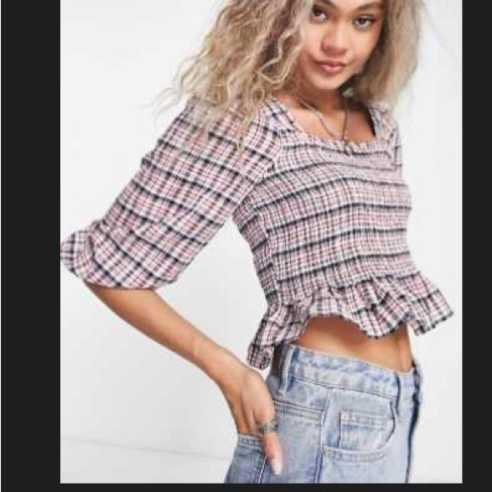 Tommy Jeans Plaid Smocked Crop Top With Puff Sleeves